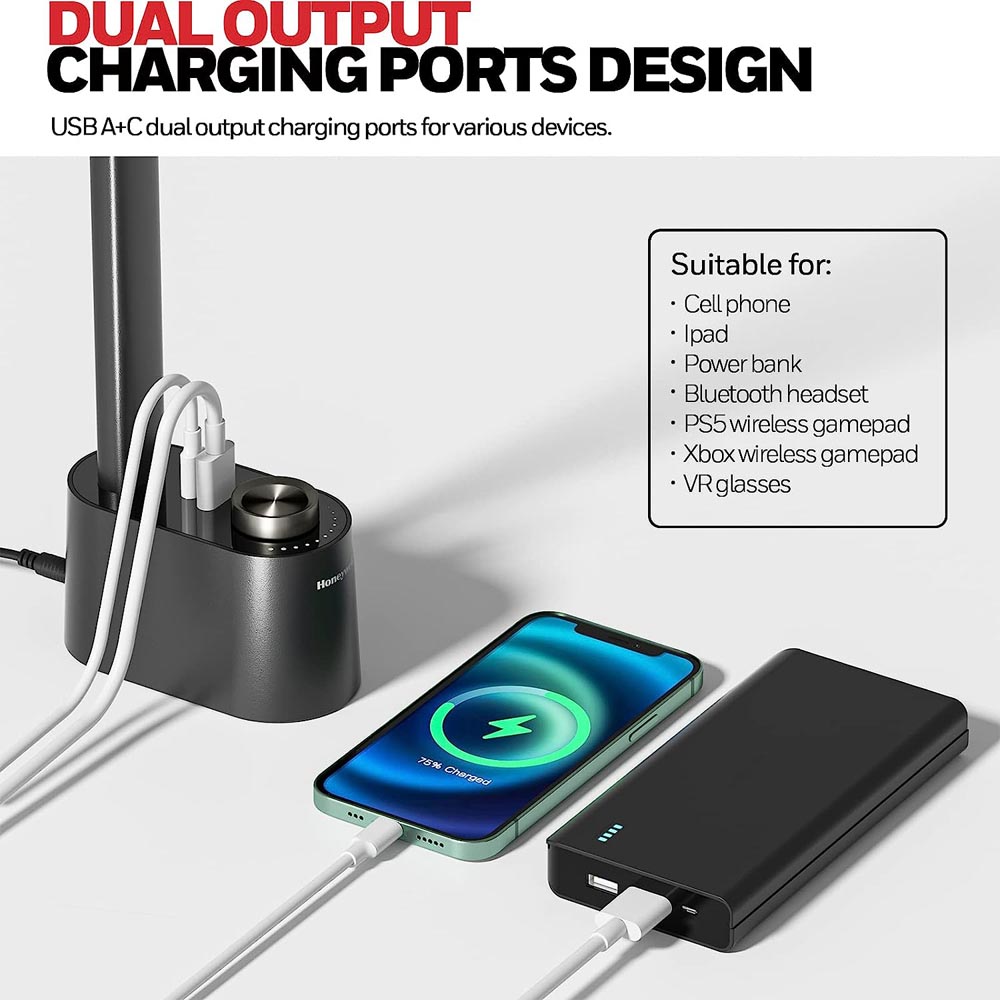 Honeywell Foldable Modern Table Lamp with USB A+C Charging Port and Eye Protection, Black - HWT-H01 - Image 4