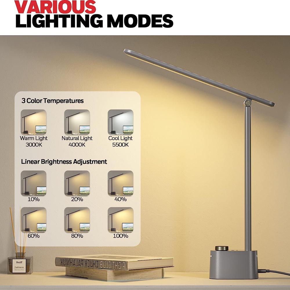 Honeywell Foldable Modern Office Table Lamp with USB A+C Charging Port and Eye Protection, Gray - HWT-H01G - Image 2