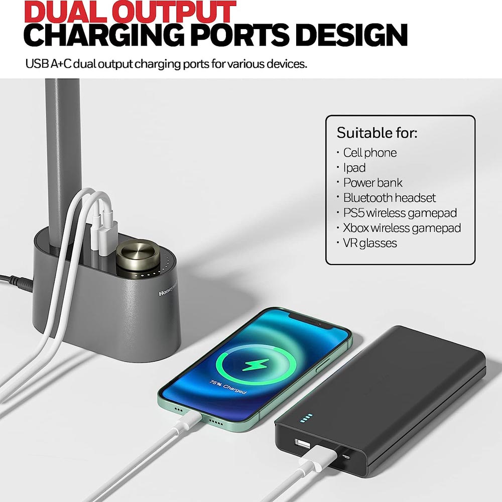 Honeywell Foldable Modern Office Table Lamp with USB A+C Charging Port and Eye Protection, Gray - HWT-H01G - Image 3
