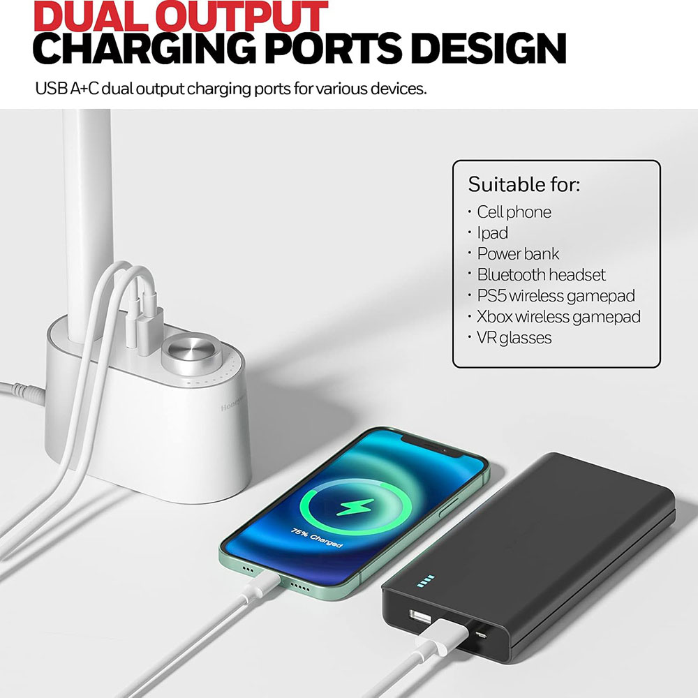 Honeywell Multi-Angle Adjustable LED Desk/Table Lamp with USB A+C Charging Ports and Eye Protection, White HWT-H01W-PRO - Image 3