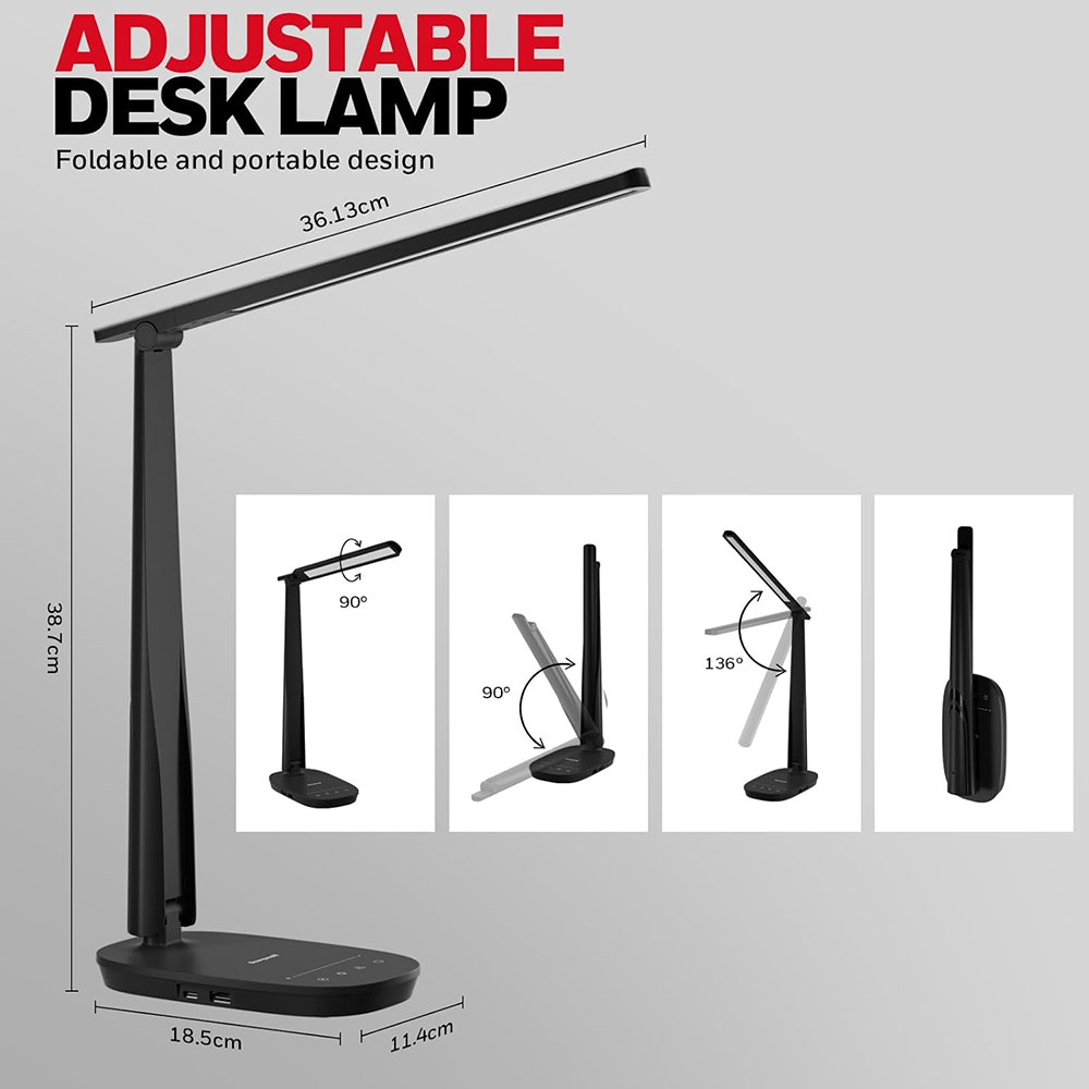 Honeywell Dimmable Small Desk Lamp with USB A+C Dual Charging Ports and Eye Protection, Black - Image 4