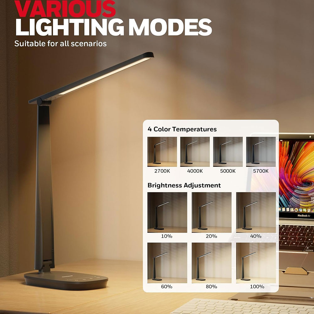Honeywell Dimmable Small Desk Lamp with USB A+C Dual Charging Ports and Eye Protection, Black - Image 5