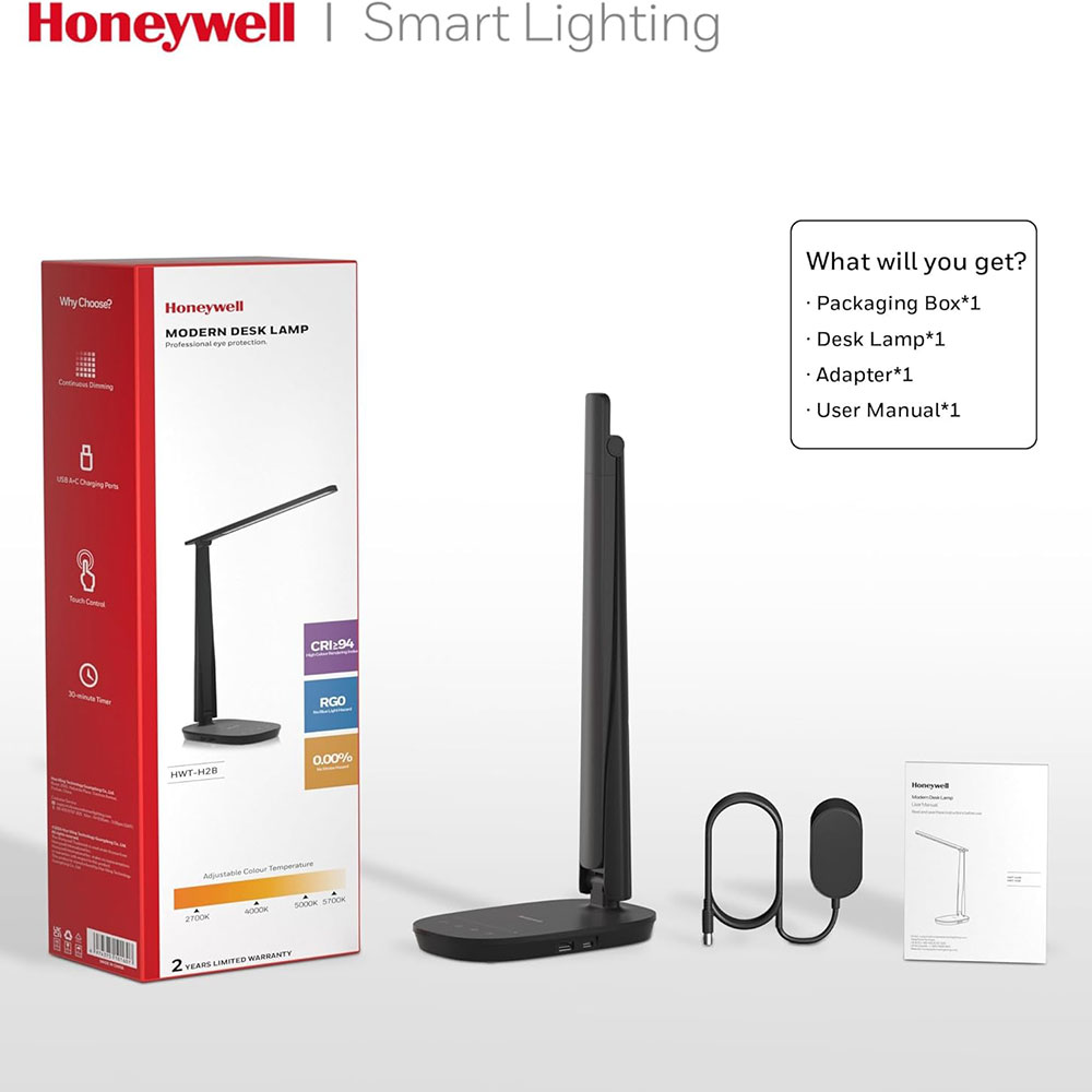 Honeywell Dimmable Small Desk Lamp with USB A+C Dual Charging Ports and Eye Protection, Black - Image 8