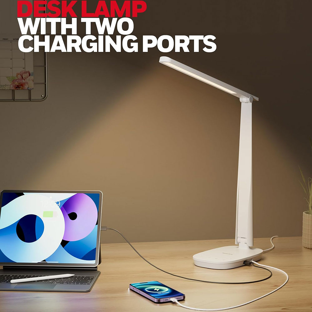 Honeywell Small LED Desk Lamp with USB A+C Dual Charging Ports and Eye Protection, White - Image 3