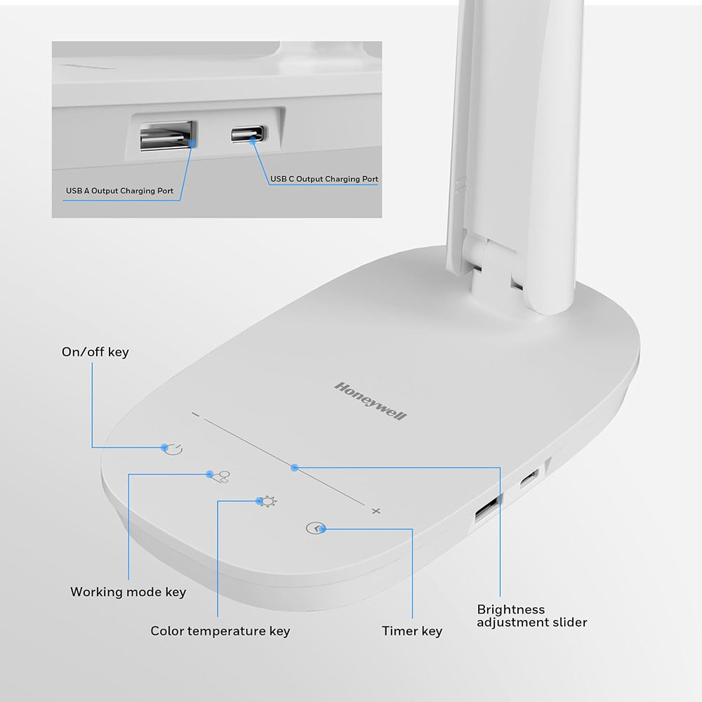Honeywell Small LED Desk Lamp with USB A+C Dual Charging Ports and Eye Protection, White - Image 4