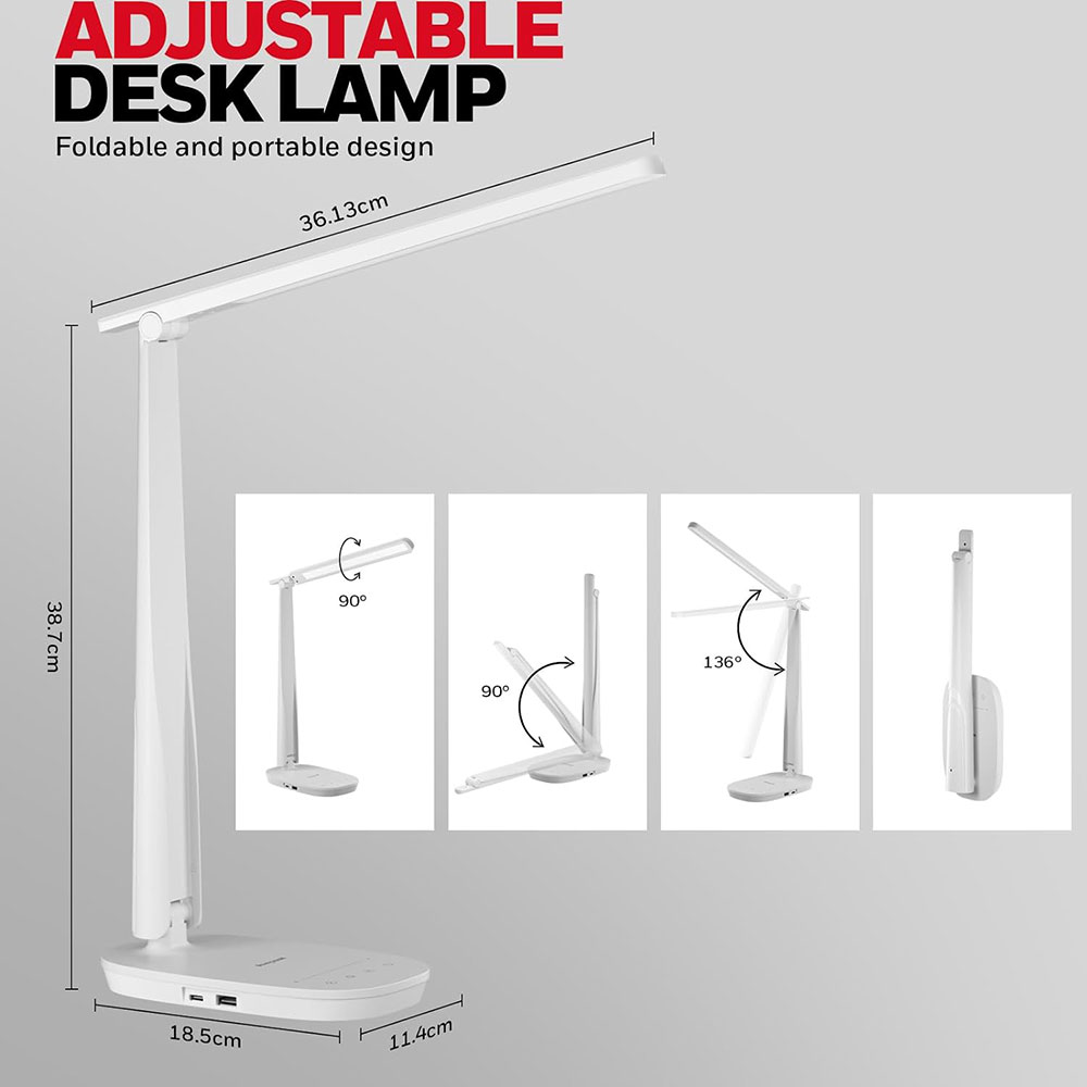 Honeywell Small LED Desk Lamp with USB A+C Dual Charging Ports and Eye Protection, White - Image 5