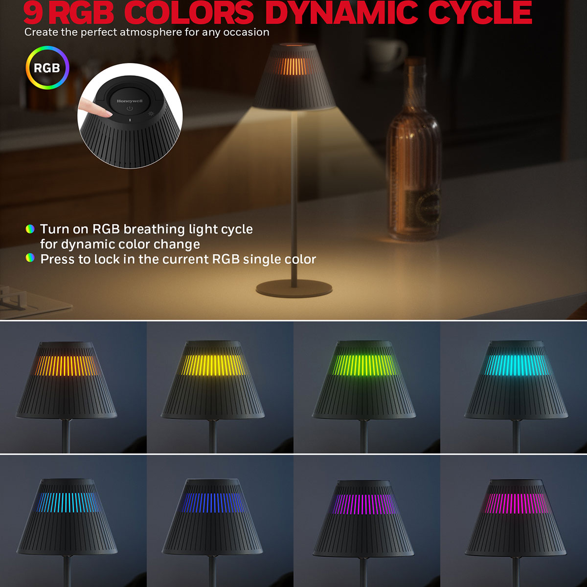 Honeywell Cordless LED Desk Lamp with Rechargeable Battery, Color Changing and Touch Controls, Black HWT-M1B - Image 3