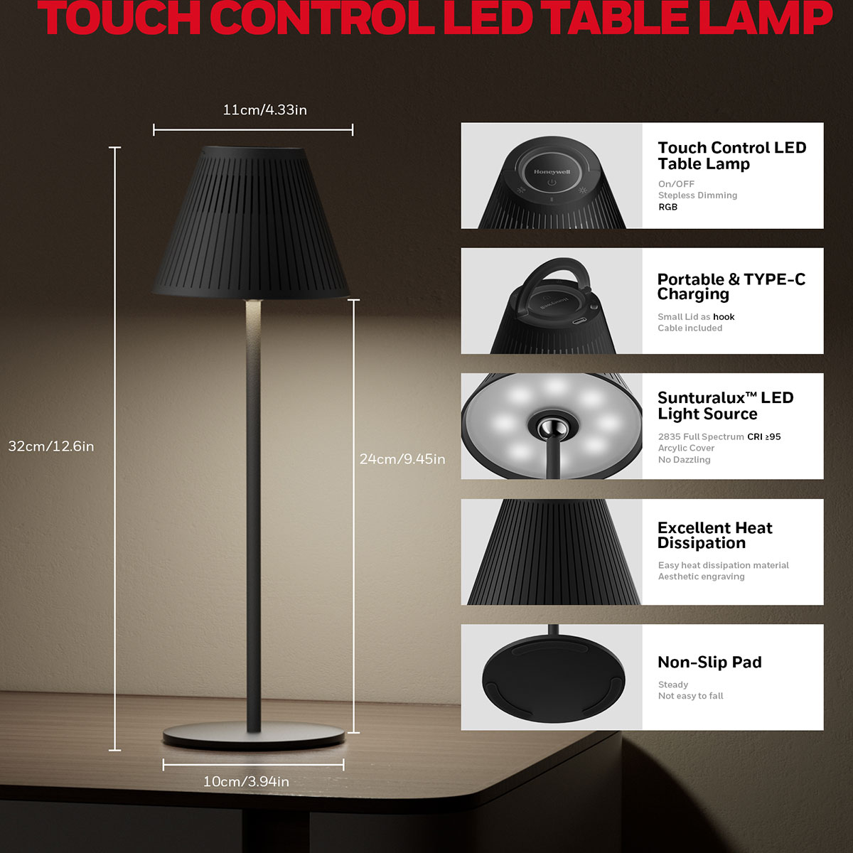 Honeywell Cordless LED Desk Lamp with Rechargeable Battery, Color Changing and Touch Controls, Black HWT-M1B - Image 4