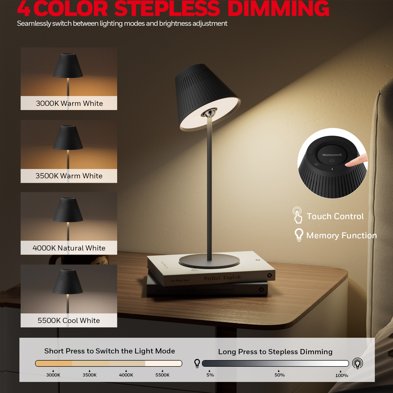 Honeywell Cordless LED Desk Lamp with Rechargeable Battery, Color Changing and Touch Controls, Black HWT-M1B - Image 5