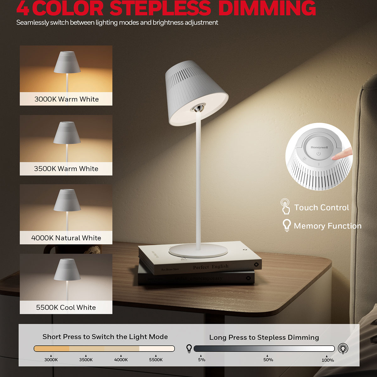 Honeywell Cordless LED Table Lamp with Rechargeable Battery, Color Changing and Touch Controls, White HWT-M1W - Image 3