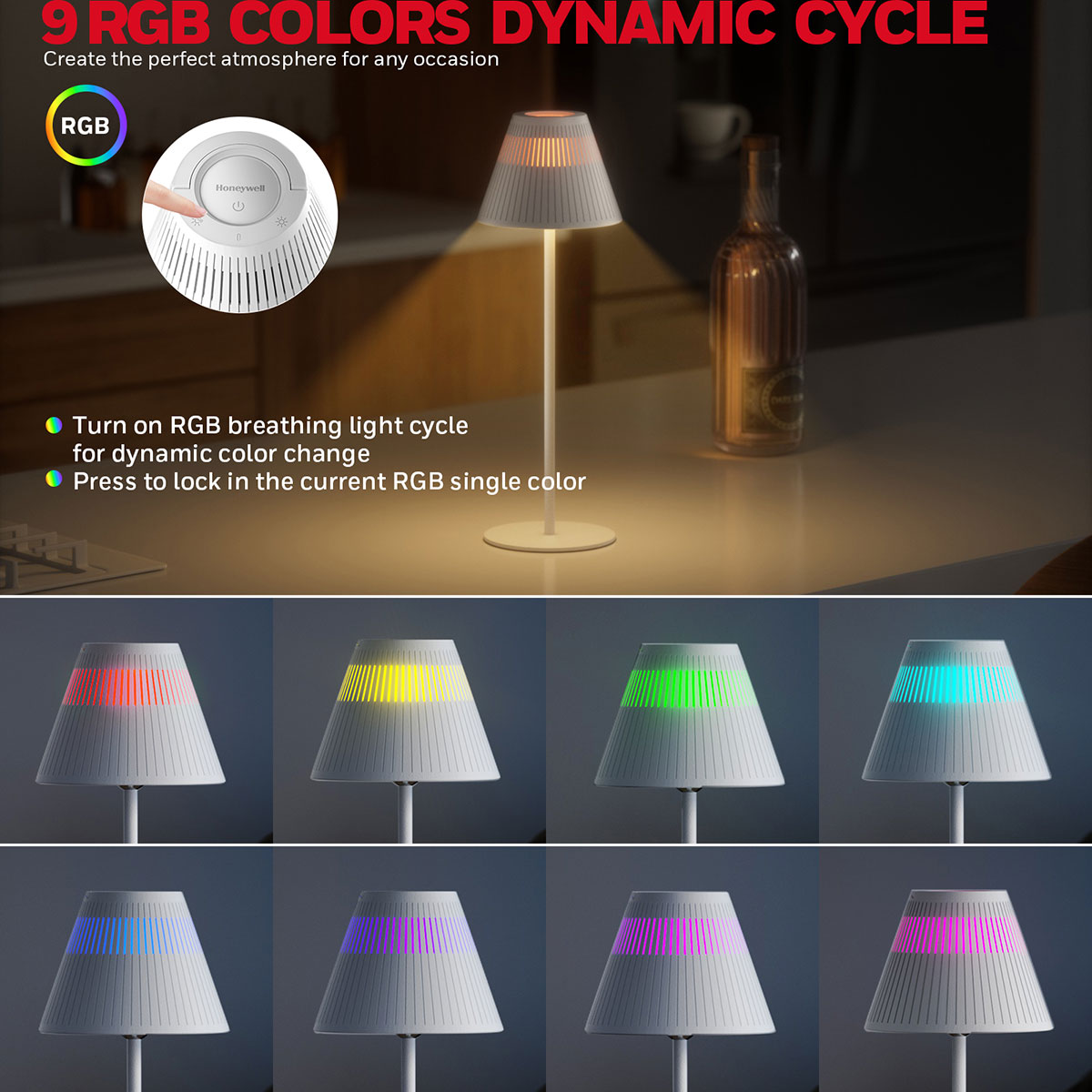 Honeywell Cordless LED Table Lamp with Rechargeable Battery, Color Changing and Touch Controls, White HWT-M1W - Image 4