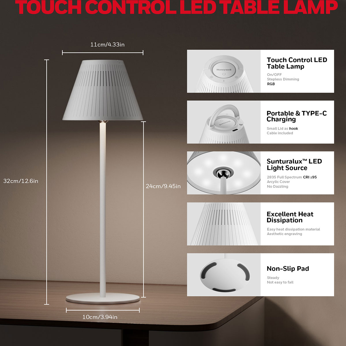 Honeywell Cordless LED Table Lamp with Rechargeable Battery, Color Changing and Touch Controls, White HWT-M1W - Image 5